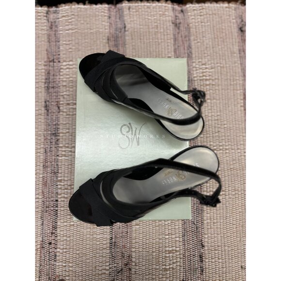 Studio Works Ladies Black Open Toe Elastic Strap 3” Heels With Bonded Leather So - Picture 8 of 8